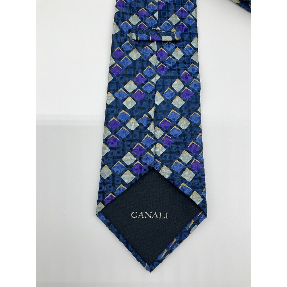 Canali Italy Men's Blue Purple Silver Geometric 100% Silk Neck Tie